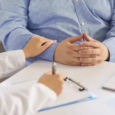 Patient's hands are clasped on the table during a medical consultation as a clinician writes on a clipboard nearby.