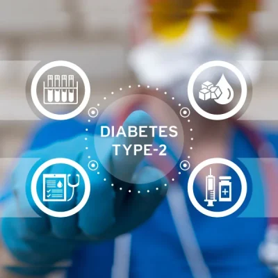 Concept image showing Diabetes Type-2 with four circular icons around a central finger-prick graphic (labs, glucose drop, chart with stethoscope, syringe)